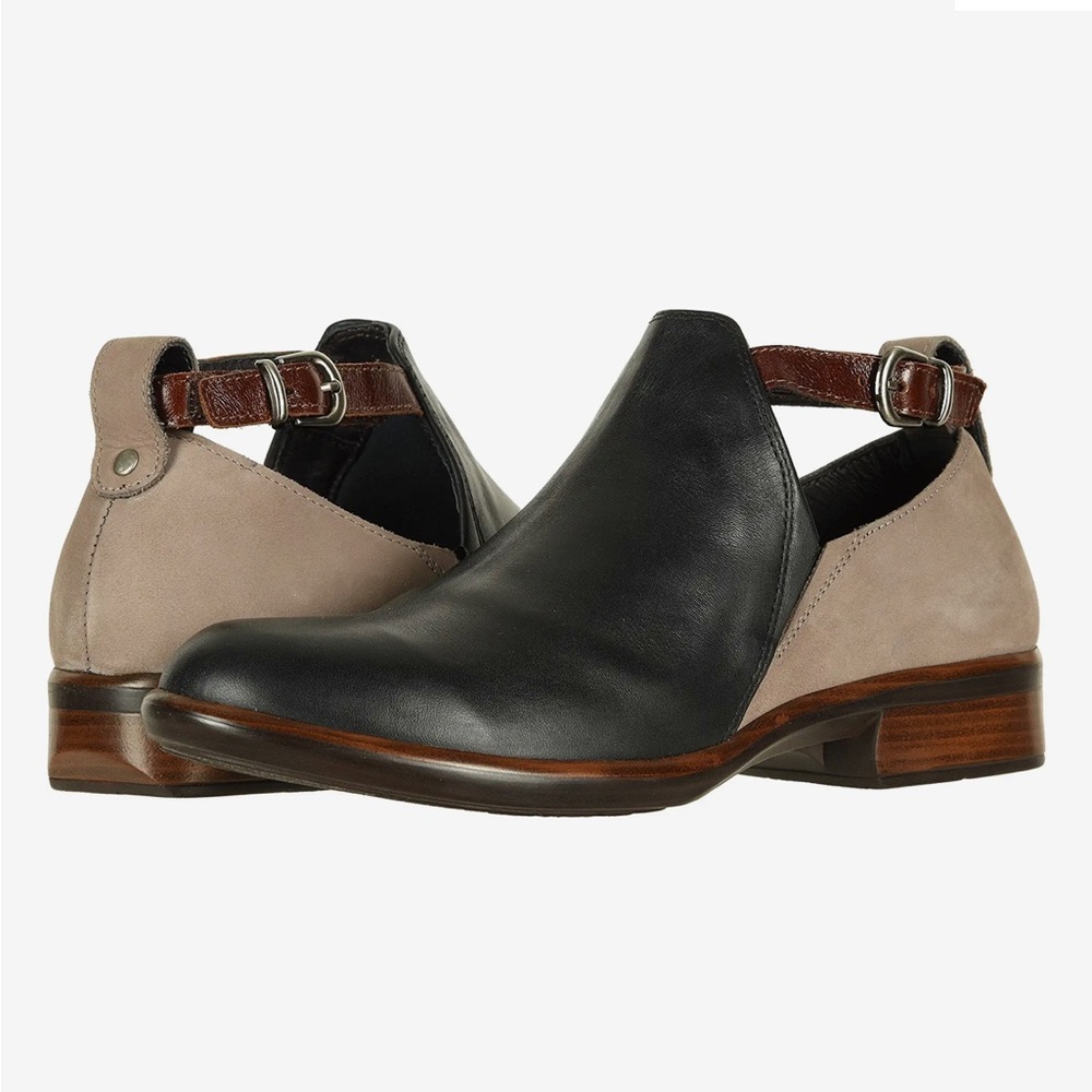 Naot Two-Tone Black and Taupe Leather Flats with Brown Strap